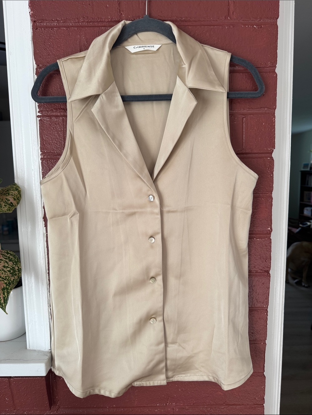 Commense Champagne Button-Front Sleeveless Collared Top Small
